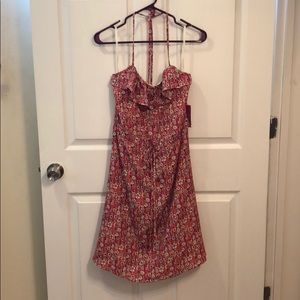 Melon colored floral halter dress